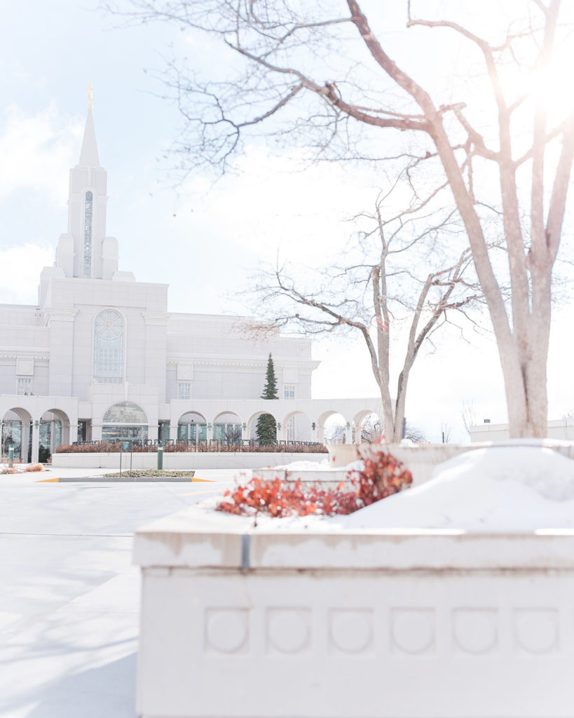 LDS Bountiful Temple on sunny day for kayla and evans wedding