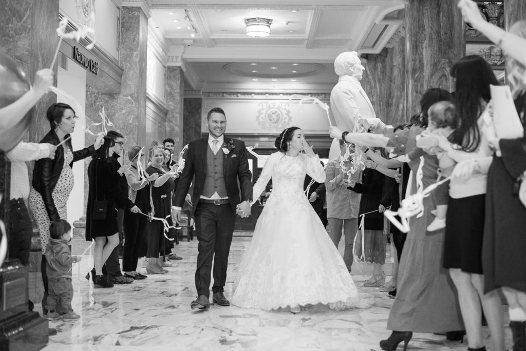 black and white wedding day exit