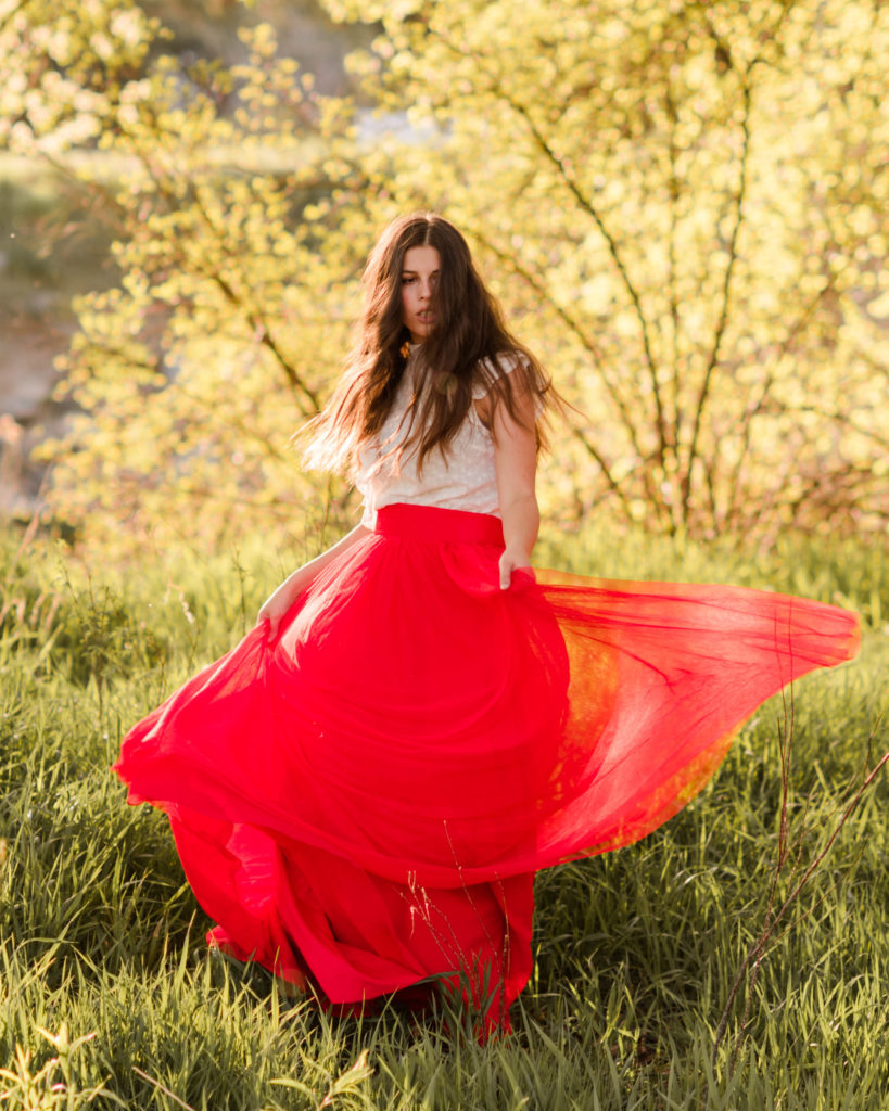 Wasatch Mountains-portrait session-cherry red tulle skirt-evening light