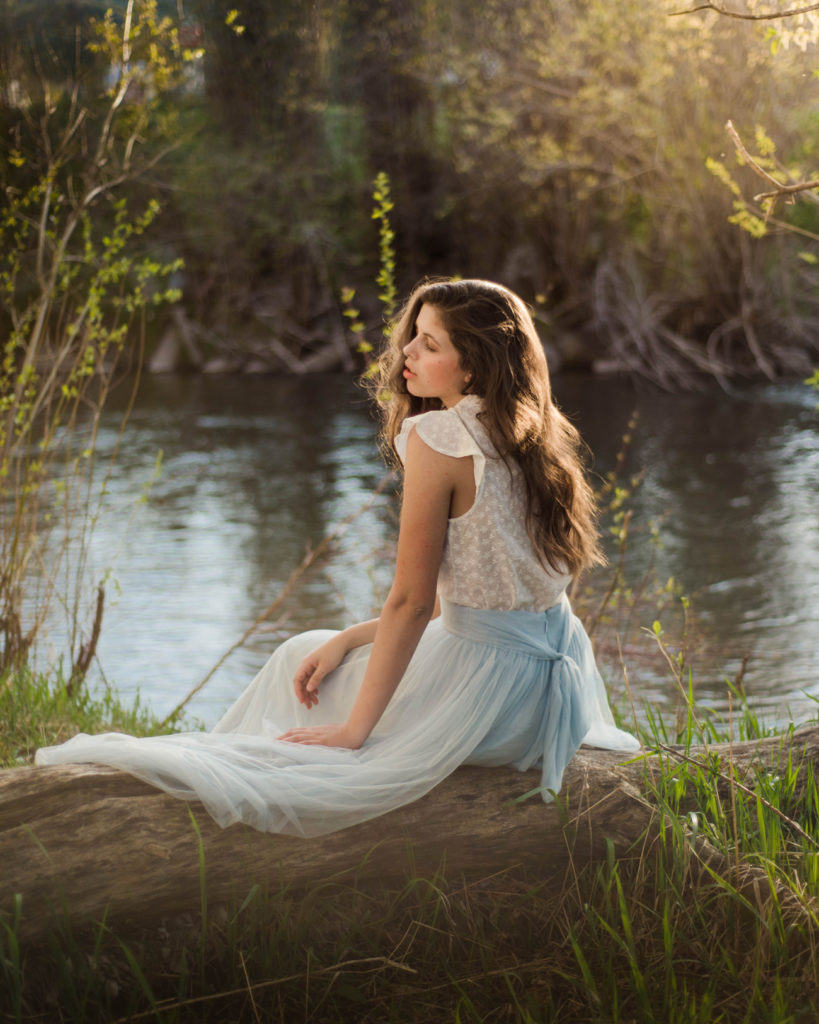 Weber River-portrait session-dusk lighting-light blue tulle skirt- white blouse